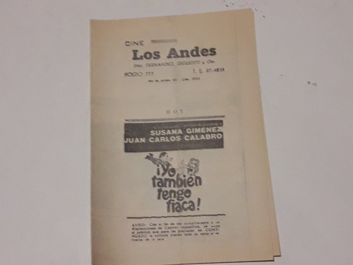 Folleto De Cine Los Andes: Yo Tambien Tengo Fiaca