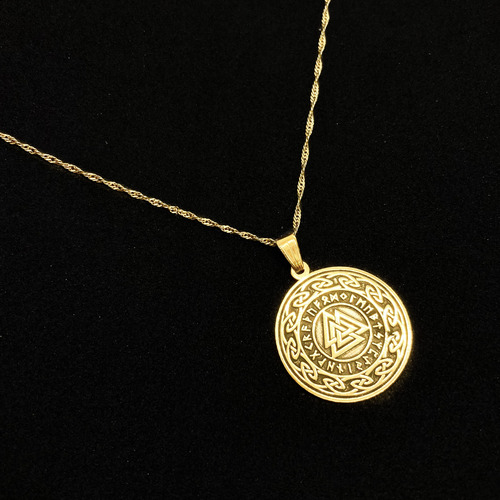 Cadena Y Dije Valknut Nudo Runa Vikingo Nórdico Oro 18k Amarillo 40 Cm