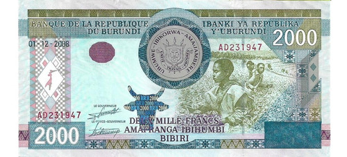 Burundi. 2000 Francos. 2008. Pick 47. Unc S/c.