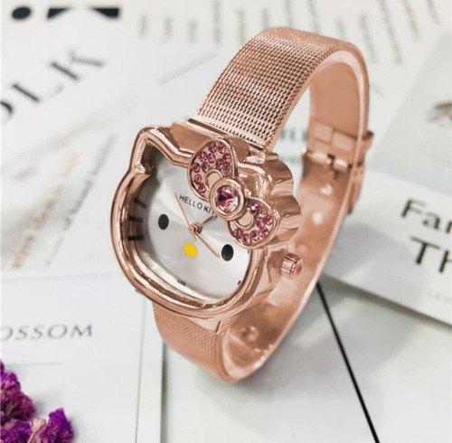 Reloj De Puntero Hello Kitty Con Pulsera Oro Rosado Metal Oro Rosado Blanco