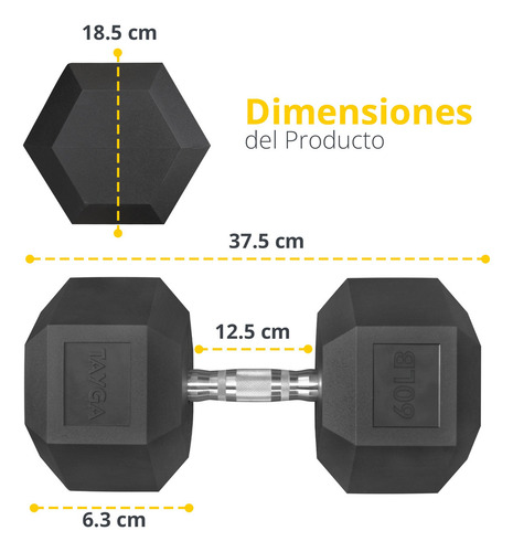 Mancuerna Hexagonal Caucho 60 Lb ( 27 Kg) Cross Gym 1 Pza Color Negro
