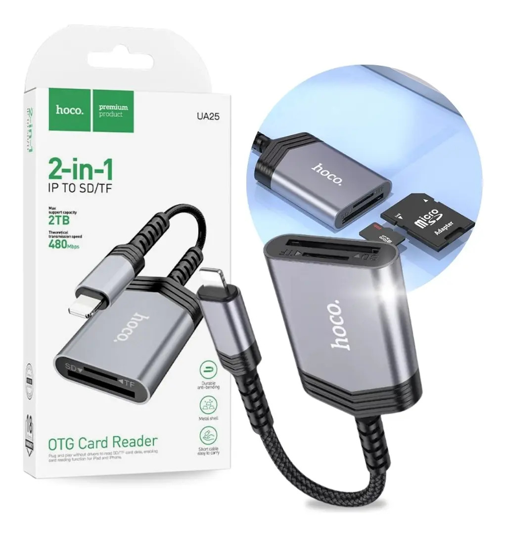Lector De Tarjetas Sd/ft Hoco Ua25 Lightning 2tb 480mbps Color Gris Oscuro