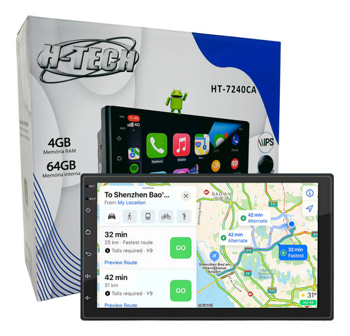 Multimídia 7pol 4gb ram 64gb quad-core gps wifi integrado cor preto H-Tech HT-7240CA