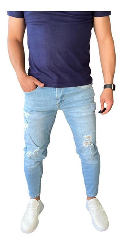 Imagen 1 de 7 de Jeans Destroyed Super Slim Ankle Fit Celeste Claro