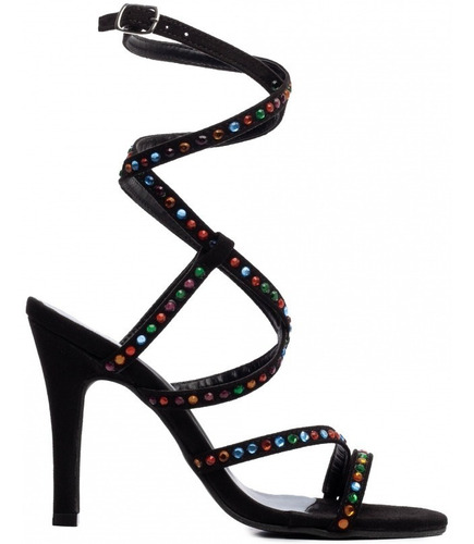 Imagem 4 de 5 de Sandália Salto Fino 10cm Luxo Preta Com Apliques Coloridos