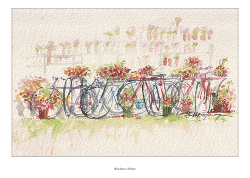 Pintura Em Aquarela De Bicicletas E Flores A3