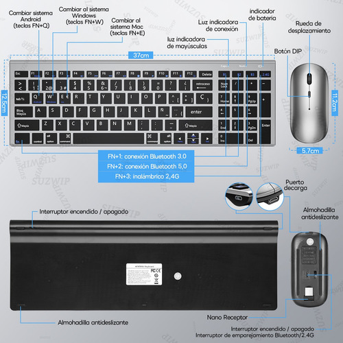Kit Teclado Y Mouse Inalámbrico Recargable Usb Bluetooth,teclado Y Mouse Delgados Recargable Multidispositivo De Tamaño Completo Para Computadora/laptop, Compatible Con Windows, Macbook,iPad, Tableta