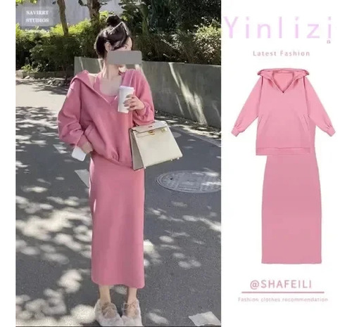 Conjunto De Sudadera Con Capucha Y Vestido De Estilo Coreano