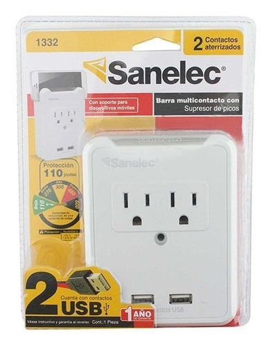 Multicontacto De Pared 2 Contactos, 2 Usb, 110j Sanelec 1332