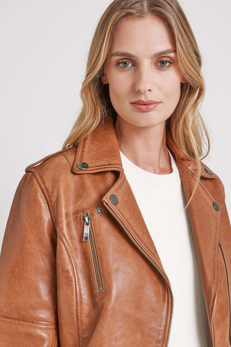 Chaqueta Biker Natura De Cuero Para Mujer Semi Ajustada Tan M