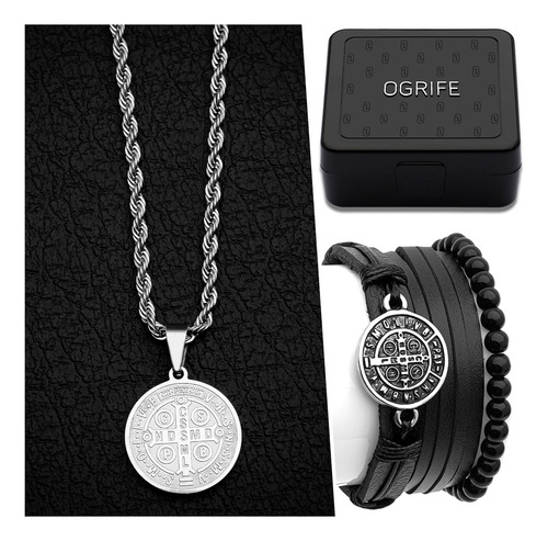 Cordão Baiano Pingente São Bento Aço + Combo Pulseira Kit-22 Cor Prata