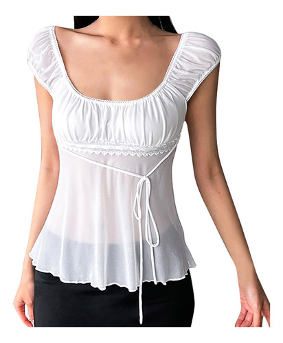 Top Z De Encaje Con Cuello Cuadrado Plisado Y Correa Para Mu