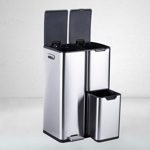 Bote De Basura Cocina Triple 60l - 3 Secciones De 30+17+13lt Color Plateado