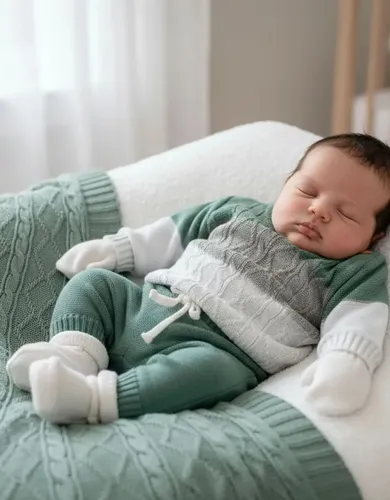 Kit Saida Maternidade Bebê Tricot Trico Menino Masculino Cor Verde Maré Listrado Tamanho Rn - Recem Nascido - 0 A 1 Mês!