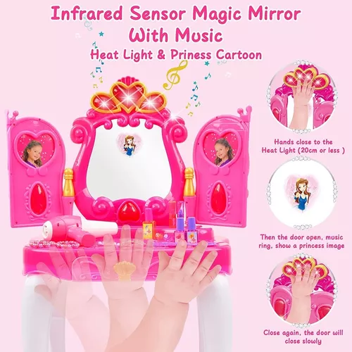  Juguetes de tocador para niñas de 2, 3, 4, 5 años, juego de  tocador de princesa con espejo mágico y juego de salón de belleza, juego de  tocador para niñas pequeñas