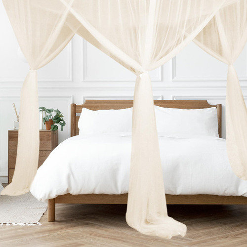 Cortina De Cama Con Dosel De 4 Postes Esquineros, Beige