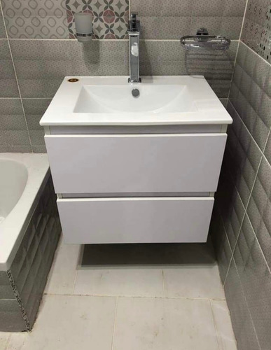 Vanitory Colgante Flotante Laqueado 40cm Bacha Mueble Baño Blanco Blanco Un Agujero