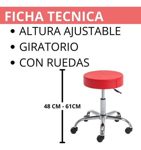 Set 2 Banco Taburete Giratorio Con Ruedas Cromado Rojo