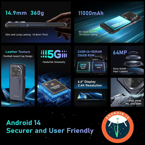 Oukitel Wp39 5g 24(6+18)+256 Gb 11000mah Teléfono Celular Inteligente Dual Sim Mtk 6100+ 6.6in Fhd+ip69k Impermeable Rugged Smartphone Face Id/64mp