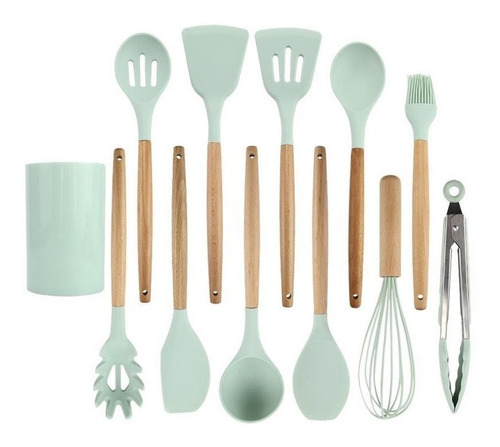 Set X 11 Utensilios Cocina Punta Silicona + Porta Utensilios