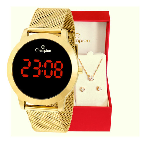 Relógio Digital Champion Feminino Dourado Pulseira Mesh