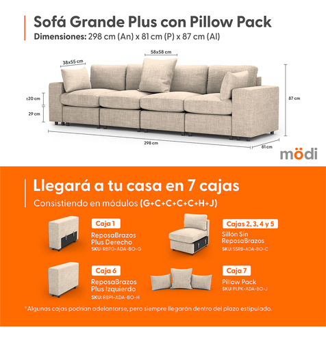 Sofá Sala Seccional Modular Plus De 4 Plazas + Pillow Pack | Beige Liso