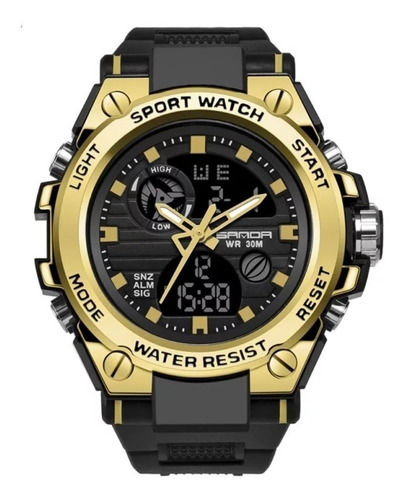 Reloj pulsera Sanda 739 con correa de poliuretano color negro - bisel dorado