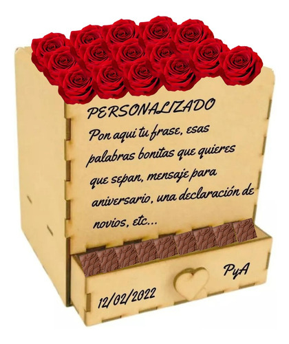 Caja Regalo Con Cajon Rosas Chocolates Personalizado Mdf
