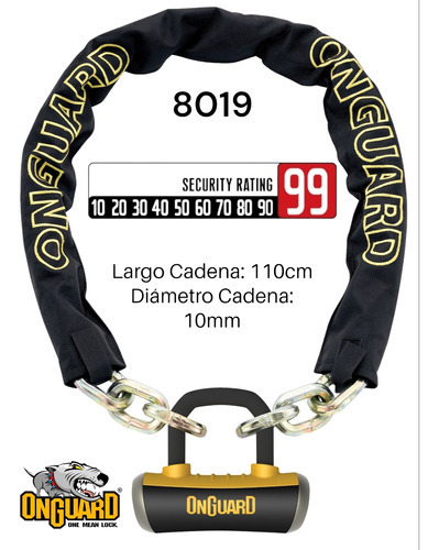 Imagen 2 de 4 de Cadena Con Candado Onguard 8019 Para Bicicleta O Moto