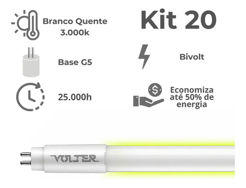 Kit 20 Lâmpada Led Tubular Volter 18w T5 115cm G5 127/220V Branco Quente 3000k 1900lm