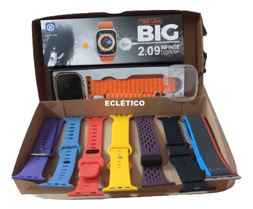 Relógio T900 Ultra + Capa Prot + 5 Pulseiras Cores Diversas Caixa Prateado Pulseira Preto Bisel Prateado Desenho Da Pulseira Oceano