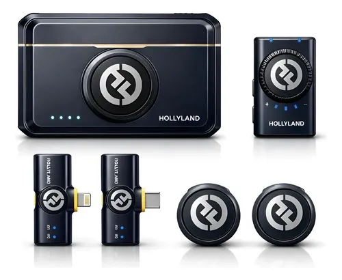 Conjunto de dispositivos de tecnologia de áudio sem fio HOLLYLAND com diferentes componentes, incluindo receptores e transmissores de áudio.