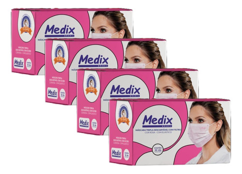 Máscara Descartável Tripla Com Filtro Rosa 200 Unidade Medix