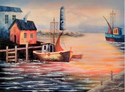 Quadro Pintura Óleo Sobre Tela Paisagem Marítima Barco Farol