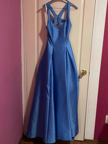 Vestido De Fiesta Azul Celeste/azul Acero Sin Espalda