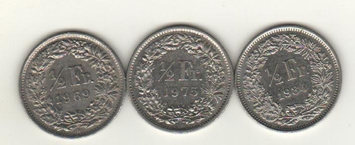 Suiza Lote De 3 Monedas De 1/2 Franco Años 1969/75/84