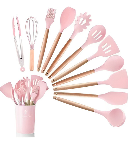 Juego Utensilios De Cocina 11 P C/ Soporte Madera Y Silicona Rosa