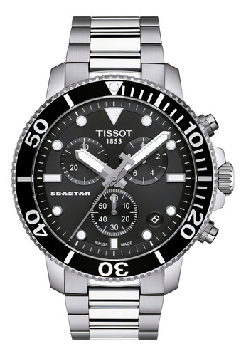 Reloj Tissot Seastar Chrono T120.417.11.051.00 Malla Gris Bisel Acero Fondo Negro