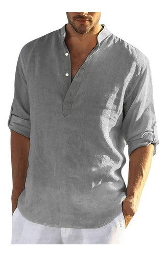 Camisa Hombre Lino Manga Larga Cuello Alto Sólido