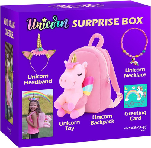 Caja Unicornio Sopresa Niñas Peluche Morral Collar Diadema.