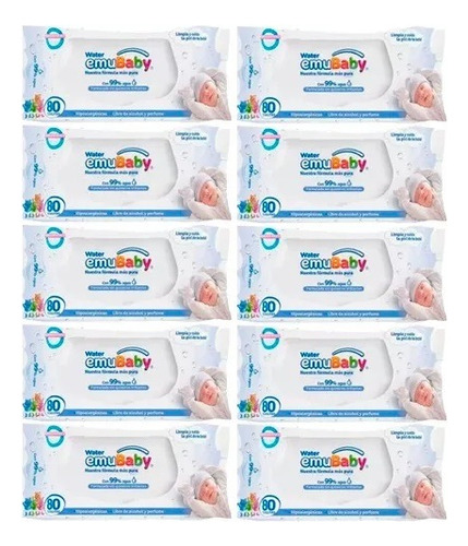 10pack Toallitas Húmedas Emubaby Water Premium 99% Agua 80un