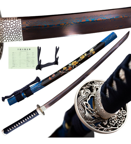 Katana Ciruela de Sangre Acero Damasco 100% Funcional Filo Real Hecho a Mano Samurai Full Tang Japón Ludede con Madera Base