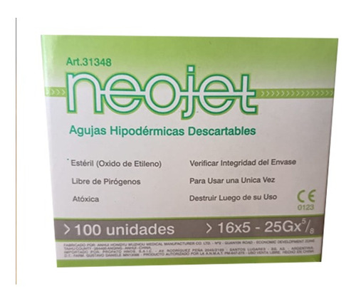 Aguja Hipodermica Neojet 16x5 25gx 5/8 X 100 Unids