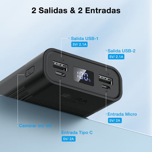 Power Bank 20000mah Bateria Portatil Con Pantalla Led 1hora Negro