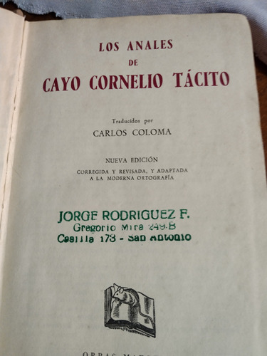 Los  Anales, Cayo Cornelio Tácito . Libro Usado