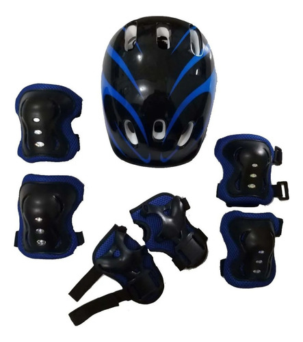 Kit Proteção Bike Infantil Capacete, Joelheira, Cotoveleira Cor Preto/Azul Tamanho 48-52cm