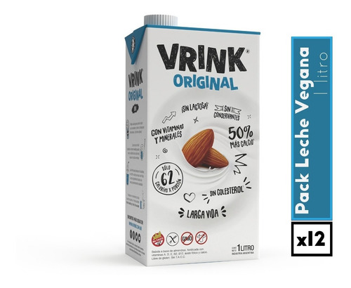 Imagen 2 de 4 de Vrink Leche Almendras Original 1lt X12 Vegana S/tacc