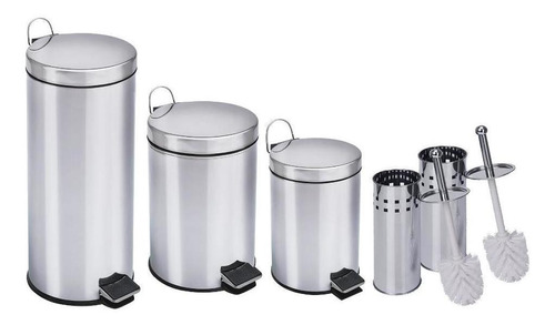 Kit Lixeira Inox De 12l, 20l, 30l E 2 Escovas Sanitária Cor Cinza