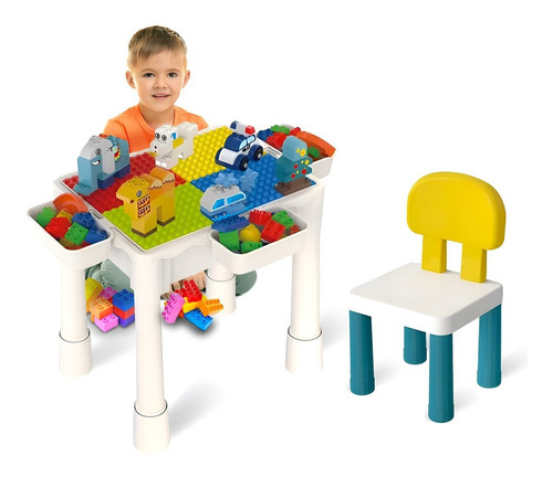 Mesa de Actividades para Niños,  Escritorio de Tareas y Almacenamiento, Con 75 Bloques y Silla