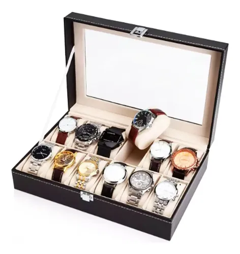 Estuche Caja Organizador De 12 Relojes Eco Cuero Elegante Color Negro